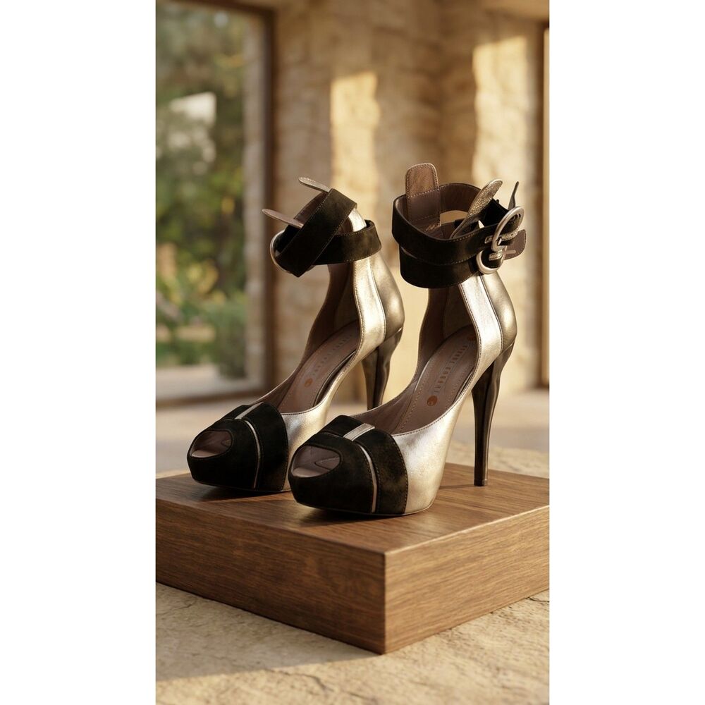 Behnaz Kanani Black Silver Leather Peep-Toe Platform Heel | Suede Ankle Wrap Buc
